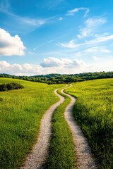 Curved gravel path winding through vibrant green fields under a bright blue sky.