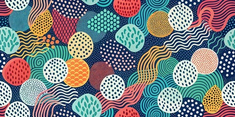 A seamless pattern of bright colorful circles with various textures and abstract swirls on a dark blue background