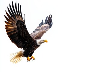 Obraz premium Eagle soaring gracefully, wings spread, white isolated background.