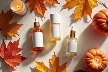 Autumn skincare products with candles, pumpkins, and fallen leaves on a light background