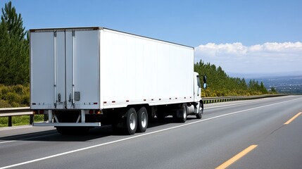 A white truck pulls a trailer on a highway, moving swiftly as the background blurs against a vibrant blue sky