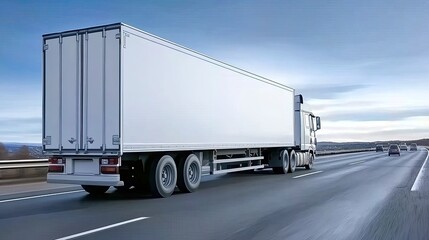 A white truck pulls a trailer on a highway, moving swiftly as the background blurs against a vibrant blue sky