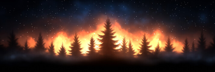Silhouettes of pine trees against a fiery night sky.
