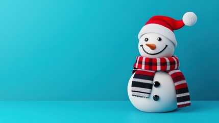 Cute Snowman Wearing Knitted Hat and Red Scarf Joyfully Standing on Bright Blue Background