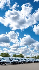 Numerous white delivery trucks are parked in a lot with a vibrant blue sky and green trees in the background