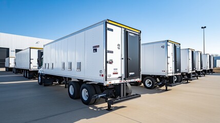 Numerous white delivery trucks are parked in a lot with a vibrant blue sky and green trees in the background