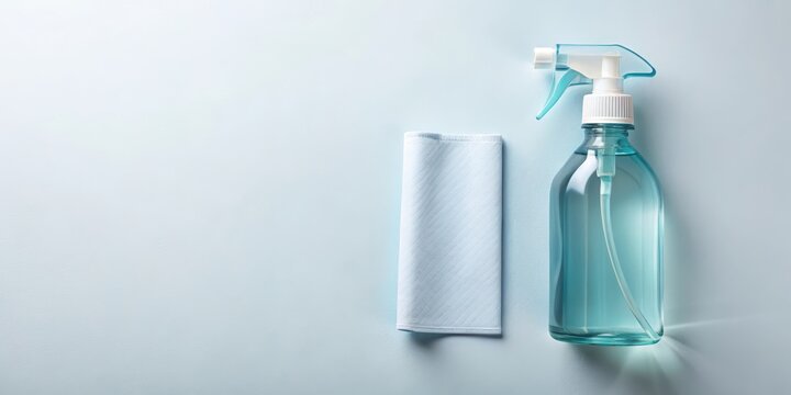 A spray bottle of cleaning solution and a microfiber cleaning cloth on a blue background.