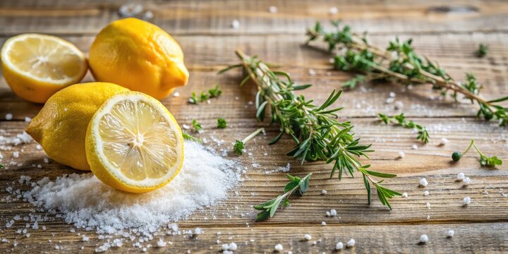 A Rustic Still Life with Lemons, Herbs, and Coarse Salt on a Weathered Wooden Surface