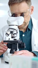 Man scientist with protective glasses using microscope in laboratory. Microbiology science concept