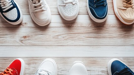 Stylish Sneakers on Wooden Background