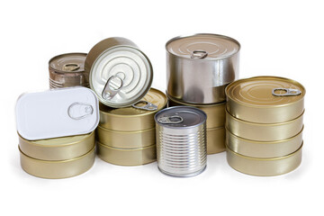 A Group of Stacked Tin Cans with Blank Edges Isolated on White Background. Canned Food. Different Aluminum Cans for Safe and Long Term Storage of Food. Steel Sealed Food Storage Containers - Isolation