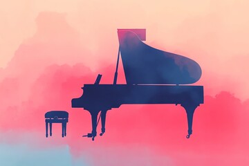 Watercolor illustration of a grand piano against a pink background.