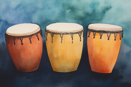 Watercolor painting of three conga drums.