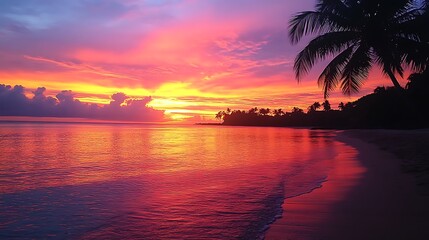 Stunning sunset over serene tropical beach with palm trees