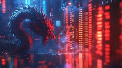 Fototapeta premium Mystical dragon surrounded by neon cityscape and digital environment