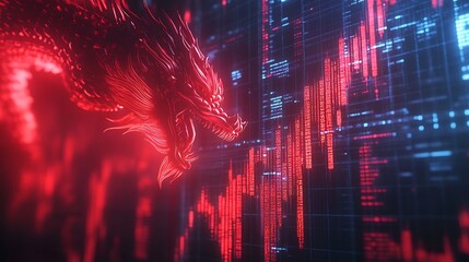 Fototapeta premium Mystical dragon ascending amidst digital financial data trends
