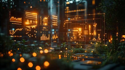 Fototapeta premium Illuminated data visualizations in a modern green space setting