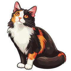 A calico cat is sitting on a white background. Generative AI