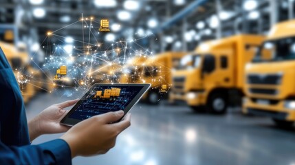 Holding a tablet displaying graphs, a person stands before yellow delivery trucks in a bustling commercial district