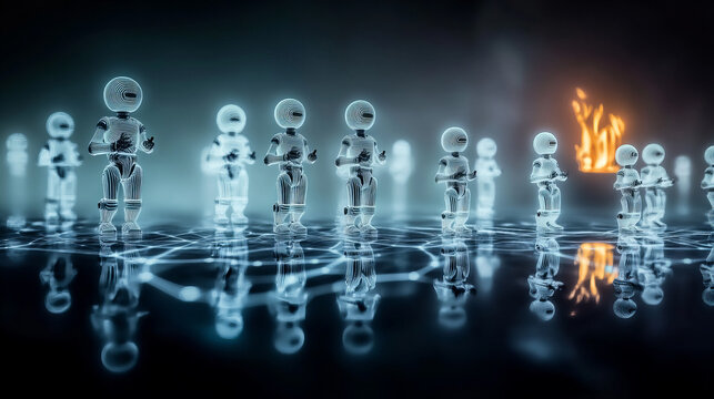 Figures in futuristic space suits gather in a digital landscape with a glowing fire in a sci-fi setting