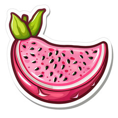 A cartoon drawing of a pink watermelon with black seeds. Generative AI