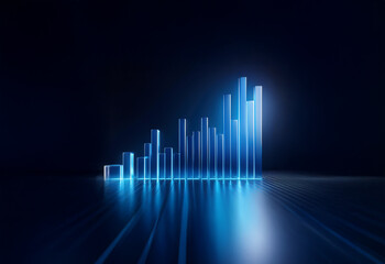 A glowing blue bar graph rises on a dark background, with reflections stretching to the horizon.