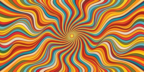 Obraz premium Vibrant Retro Sunburst Pattern with Wavy Lines in a Color Palette of Orange, Yellow, Red, Blue, and Green