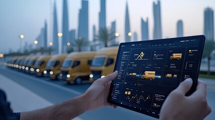Holding a tablet displaying graphs, a person stands before yellow delivery trucks in a bustling commercial district