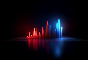 Abstract digital artwork with neon red and blue bars that resemble a cityscape or a graph.