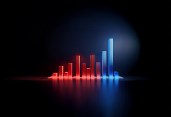 A 3D rendering of a bar graph showing a positive trend. The bars are red and blue and glowing with light.