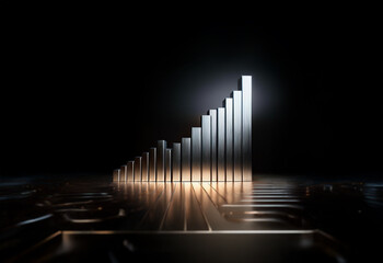 Fototapeta premium A silver bar graph ascends on a dark, reflective surface, symbolizing growth and success.