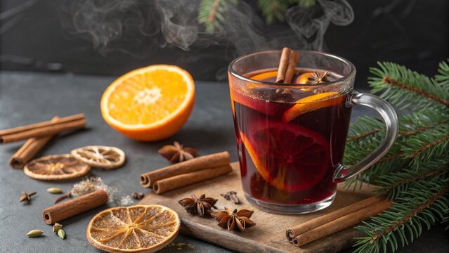 A steaming glass of mulled wine garnished with a slice of orange, cinnamon sticks, and star anise, surrounded by spices on a cozy table setting, capturing the warmth and essence of a winter holiday dr