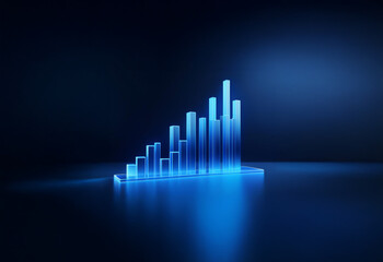 A blue glowing bar graph ascends upward on a reflective surface, symbolizing growth and success.