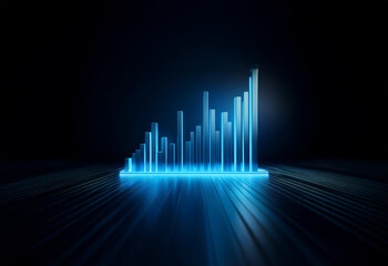 A glowing blue bar graph in a dark space.