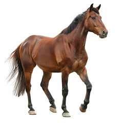Obraz premium Standing Brown Horse Stallion Captured in a Majestic Pose – Isolated on Transparent Background in High-Quality PNG Photograph