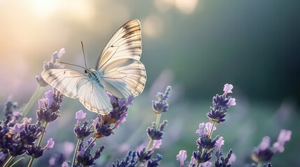 Naklejka premium Beautiful white butterfly resting on lavender flowers in a sunlit garden during late afternoon hours