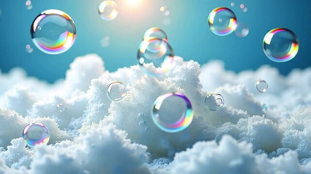 Foam and Bubbles in Bath Products: Bath foam or soap bubbles, capturing their unique patterns and rainbow reflections.