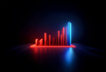A red and blue neon bar graph shows a downward trend with a spike in the last bar.