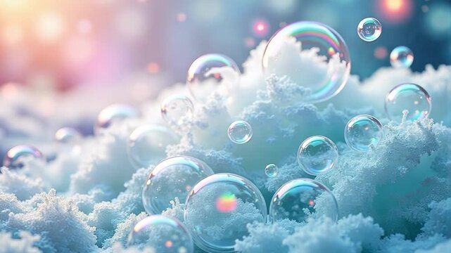 Foam and Bubbles in Bath Products: Bath foam or soap bubbles, capturing their unique patterns and rainbow reflections.