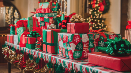 A festive display of beautifully wrapped Christmas presents in vibrant red and green colors, decorated with shiny bows, set against a cozy holiday backdrop.
