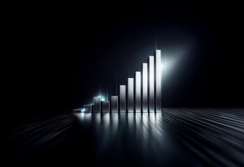 Obraz premium A silver bar chart ascends against a black background, representing upward growth and progress. The chart is illuminated by a bright light, symbolizing success and achievement.