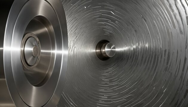 Shiny brushed steel with faint, spiral brush patterns, illuminated by cool light that accentuates its reflective, industrial character