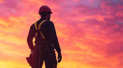 Fototapeta premium A silhouette of a worker in a helmet during a vibrant sunset, symbolizing hard work and dedication in the industrial sector.