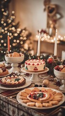 Fototapeta premium Elegant holiday dessert table with festive baked goods, cakes, and cookies set against a warm Christmas tree bokeh background.