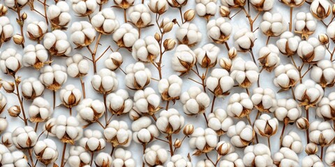 A close-up shot of cotton bolls arranged in a pattern, showcasing their delicate white fluff and brown stems on a light background.