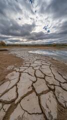 Obraz premium Dry cracked soil reflecting cloudy sky in a dried lake bed
