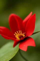 High resolution close up image of a red flower in a green forest. Focus on the details of the red flower including its texture flower finish and any safety features. The forest background should be so