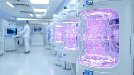 Naklejka premium Advanced medical laboratory featuring innovative equipment with glowing elements, showcasing a sterile environment and professional staff at work