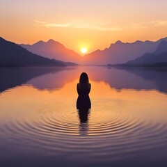 Serene Woman's Silhouette in Water with Mountain Sunrise