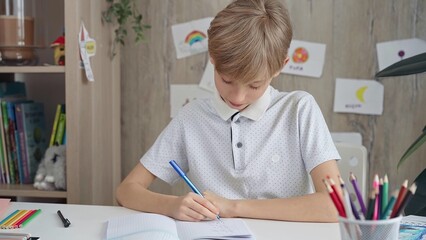 Young boy studying at the desk at home or school class room